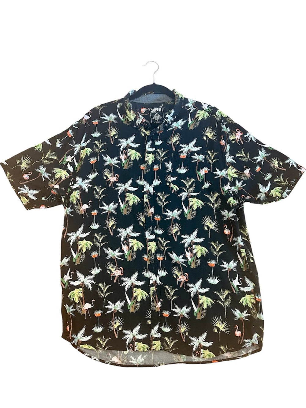 Men’s Super Massive Short Sleeve Flamingo Tropical Print Button Down Shirt sz XL